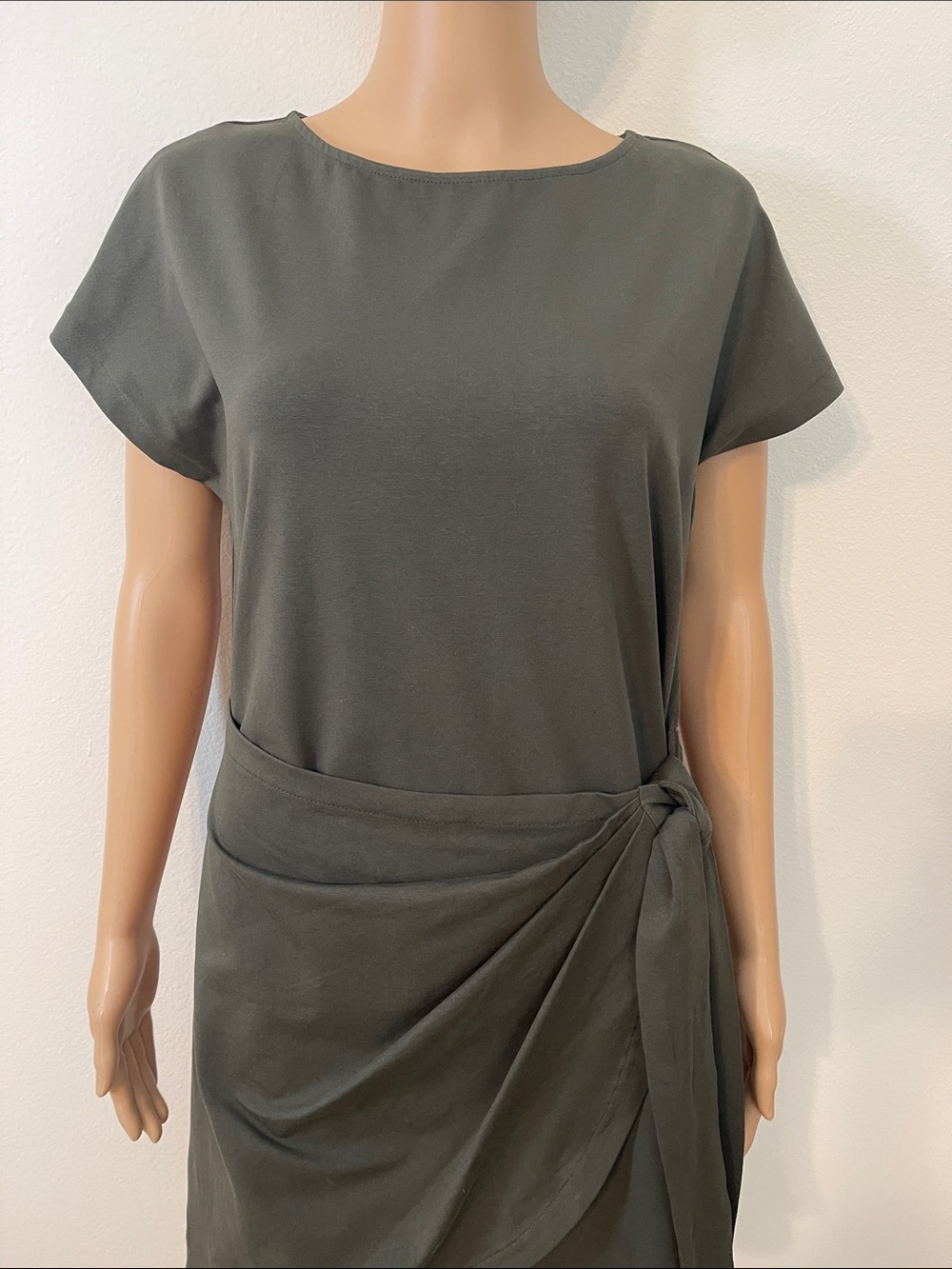 NWT DKNY Olive Tie-Waist Cotton Stretch Faux Wrap Dress